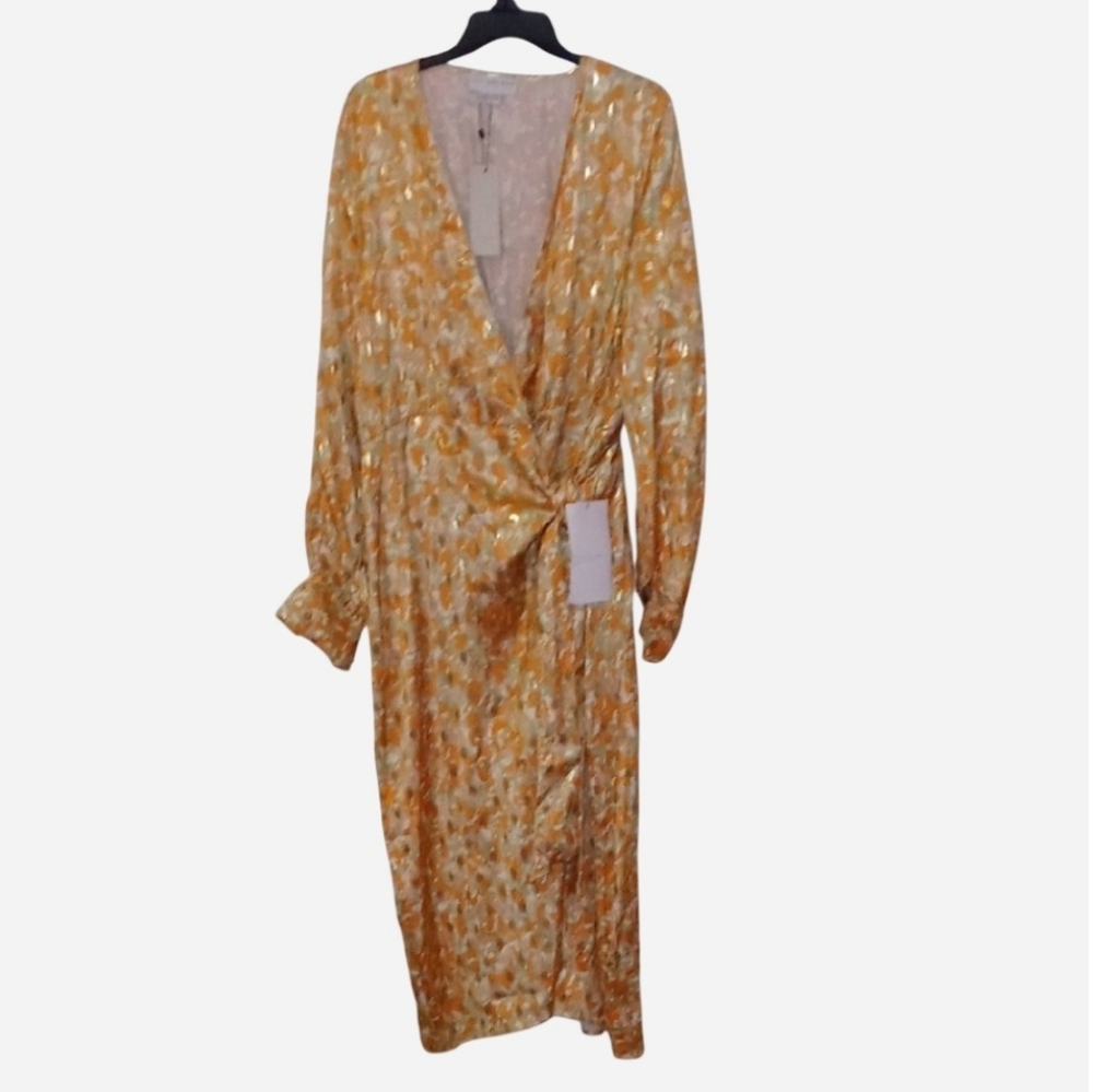 Never Fully Dressed Satin Wrap Vienna Midi Dress in Pastel Gold Mix